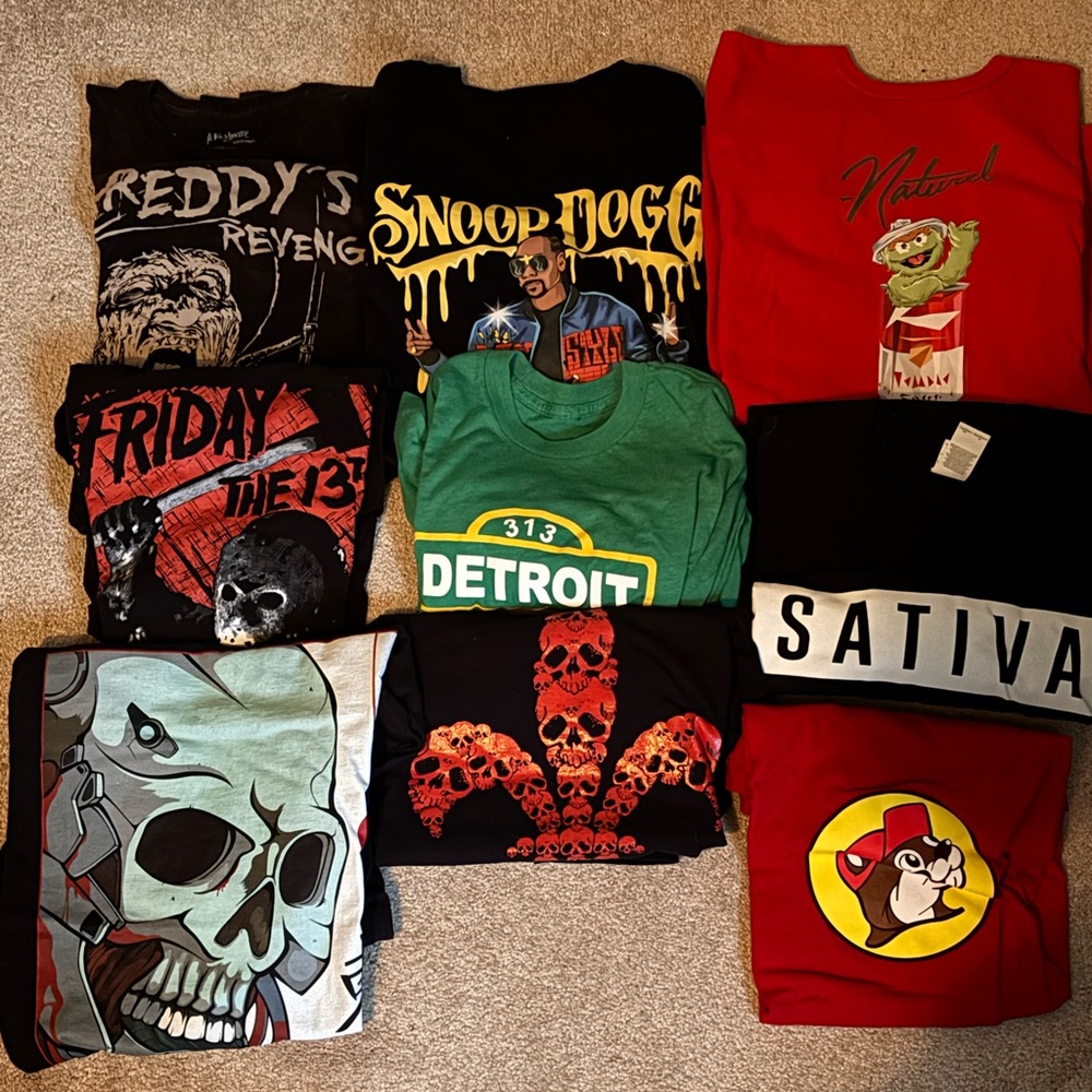Bundle of exclusive T-shirts. Winner take all. Nine shirts altogether.